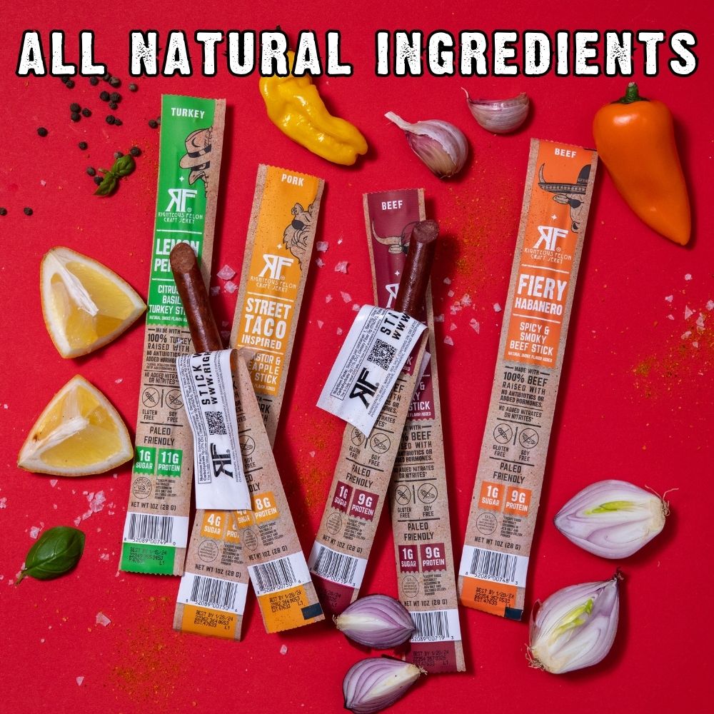 "All Natural Ingredients", RF meat sticks with ingredients on red background