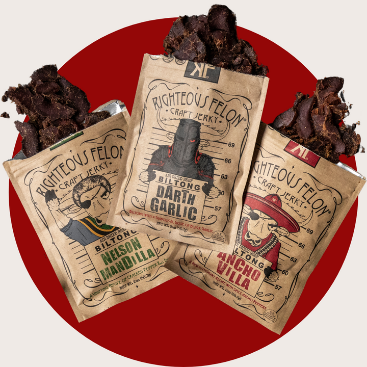 Righteous Felon biltong bags and sliced biltong