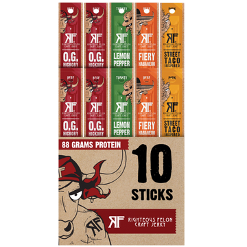 A package of 10 protein powder sticks from Righteous Felon Craft Jerky, featuring 10 individually wrapped sticks in red, green, orange, and brown flavors, displayed on a kraft paper background.