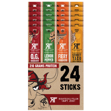 A package of 24 protein sticks from Righteous Pelon Craft Jerk, featuring four flavor columns: O.G.