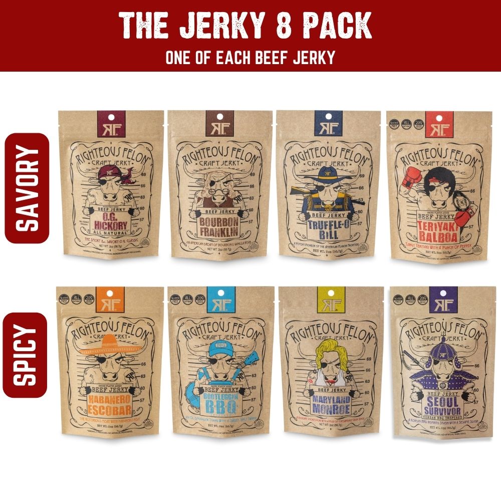Contents of the Righteous Beef Jerky Sampler (8-pack)
