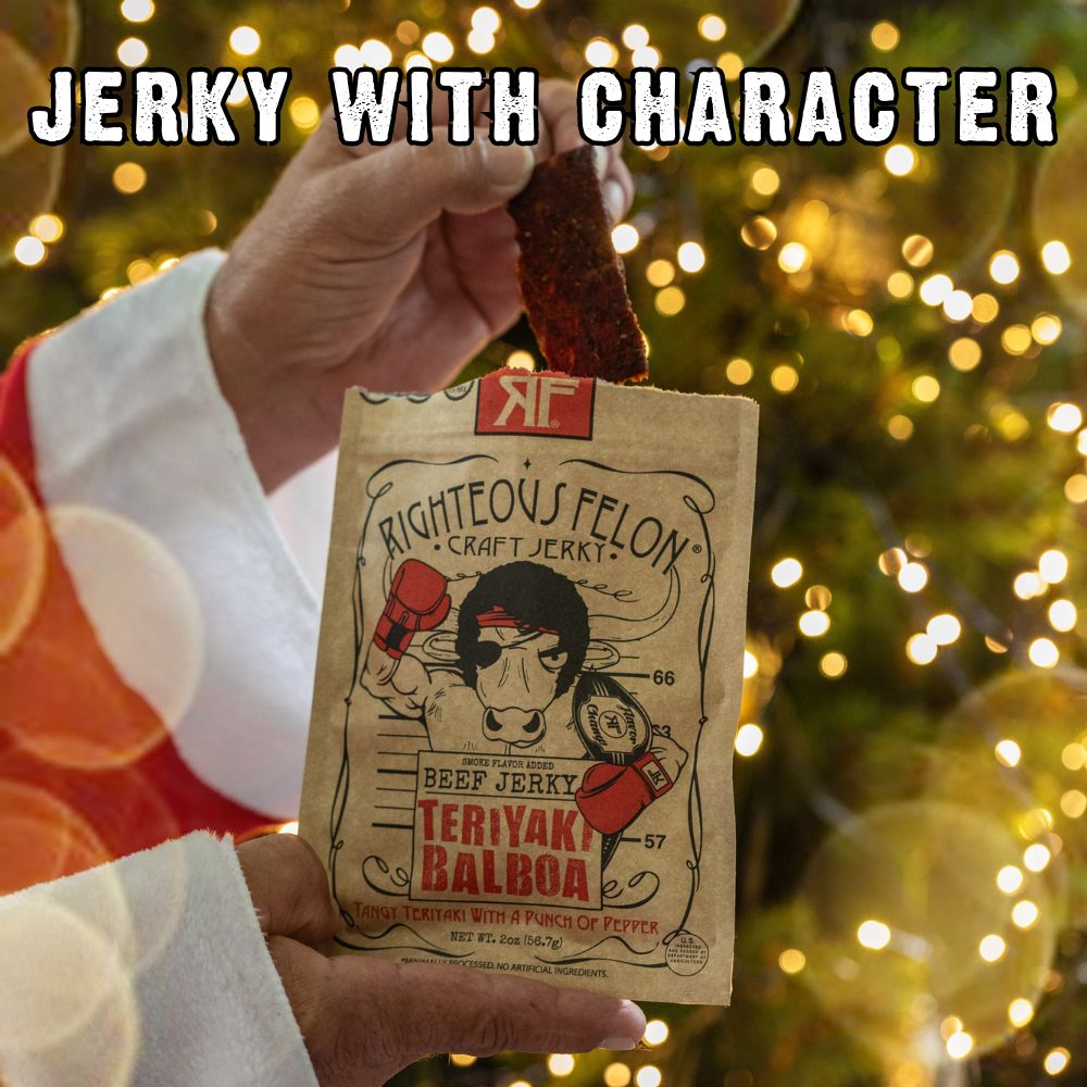 "jerky with character", Santa eating Teriyaki Balboa