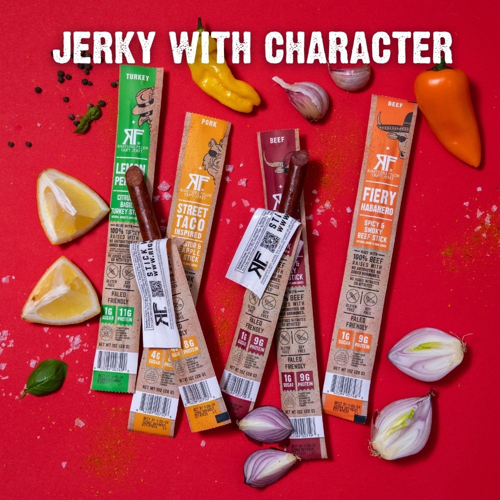 Jerky with Character, RF sticks on red background with ingredients