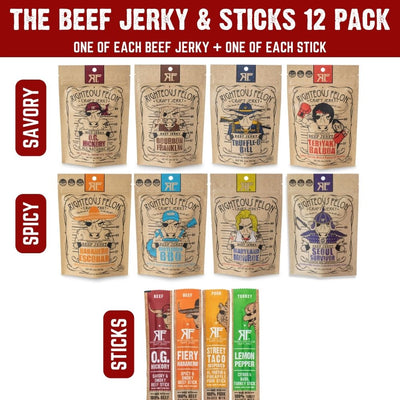 Contents of the Righteous Sampler Beef Jerky & Meat Sticks 12-Pack