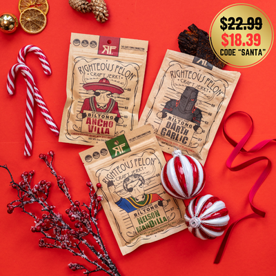 biltong 3 pack on holiday decor background, 20% off with code SANTA