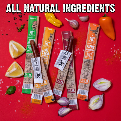 "All Natural Ingredients", RF meat sticks with ingredients on red background