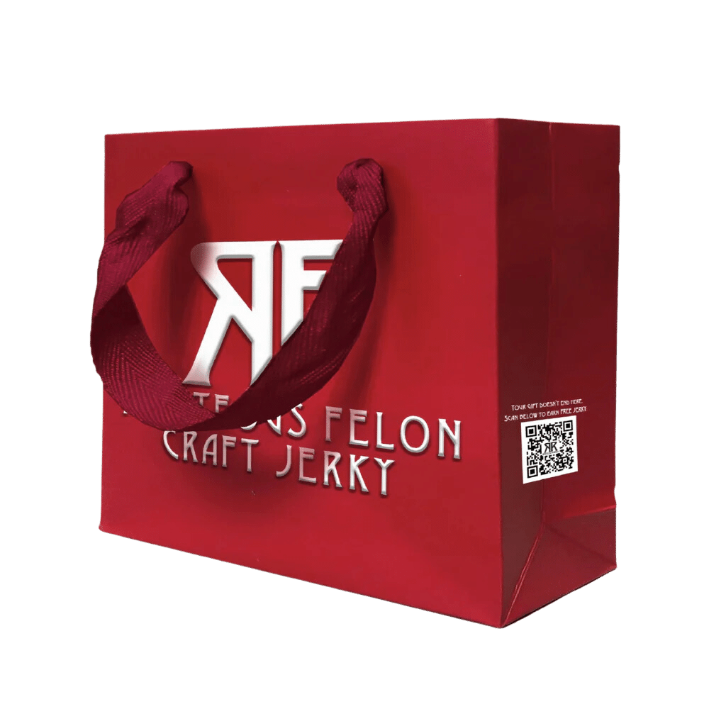 Red Righteous Felon gift bag, with RF logo & thick red handle.
