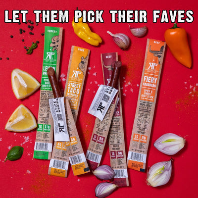 "let them pick their faves", RF sticks on red background with ingredients