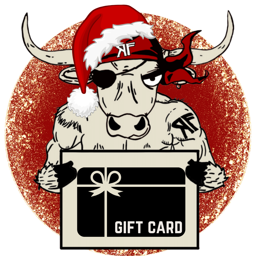 Santa RF bull character holding gift card