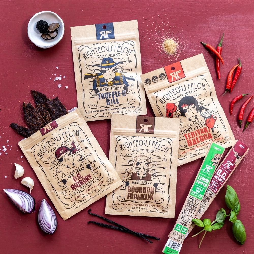 RF Jerky Savory Bundle with ingredients on red background