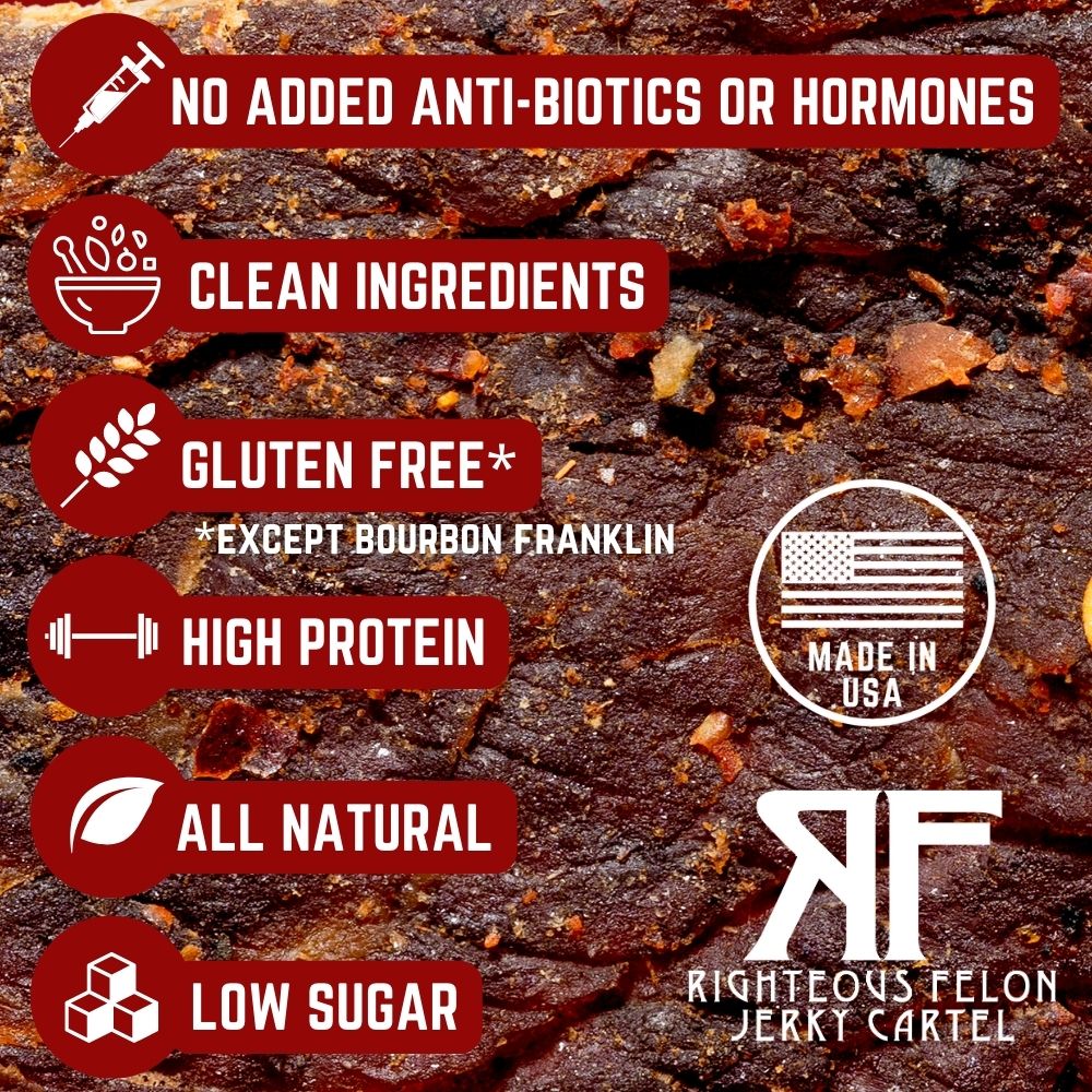 No added antibiotics or hormones, clean ingredients, gluten free (except Bourbon Franklin), high protein, all natural, low sugar, and made in USA