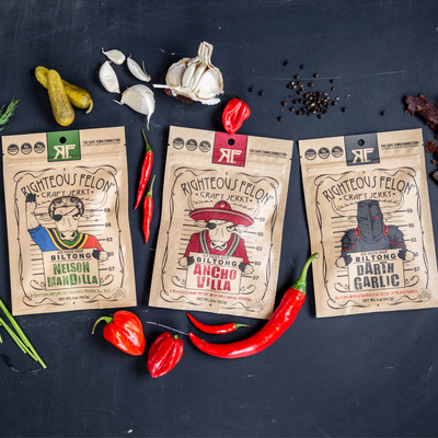 RF biltong trio with ingredients on slate background