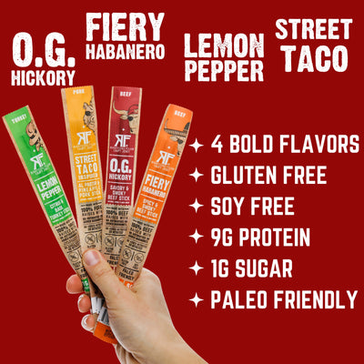 RF meat sticks: 4 bold flavors, gluten free, soy free, 9g protein, 1g sugar, paleo friendly