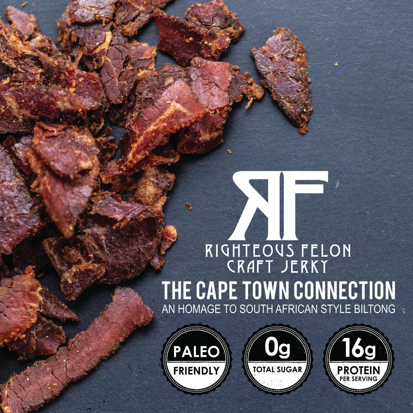 The Cape Town Connection - an homage to South African style biltong. Paleo friendly, 0g total sugar, 16g protein per serving