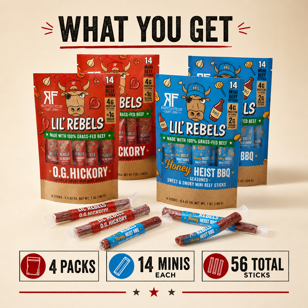 The 2-Rebel box includes 4 packs, 14 minis each, and 56 total sticks