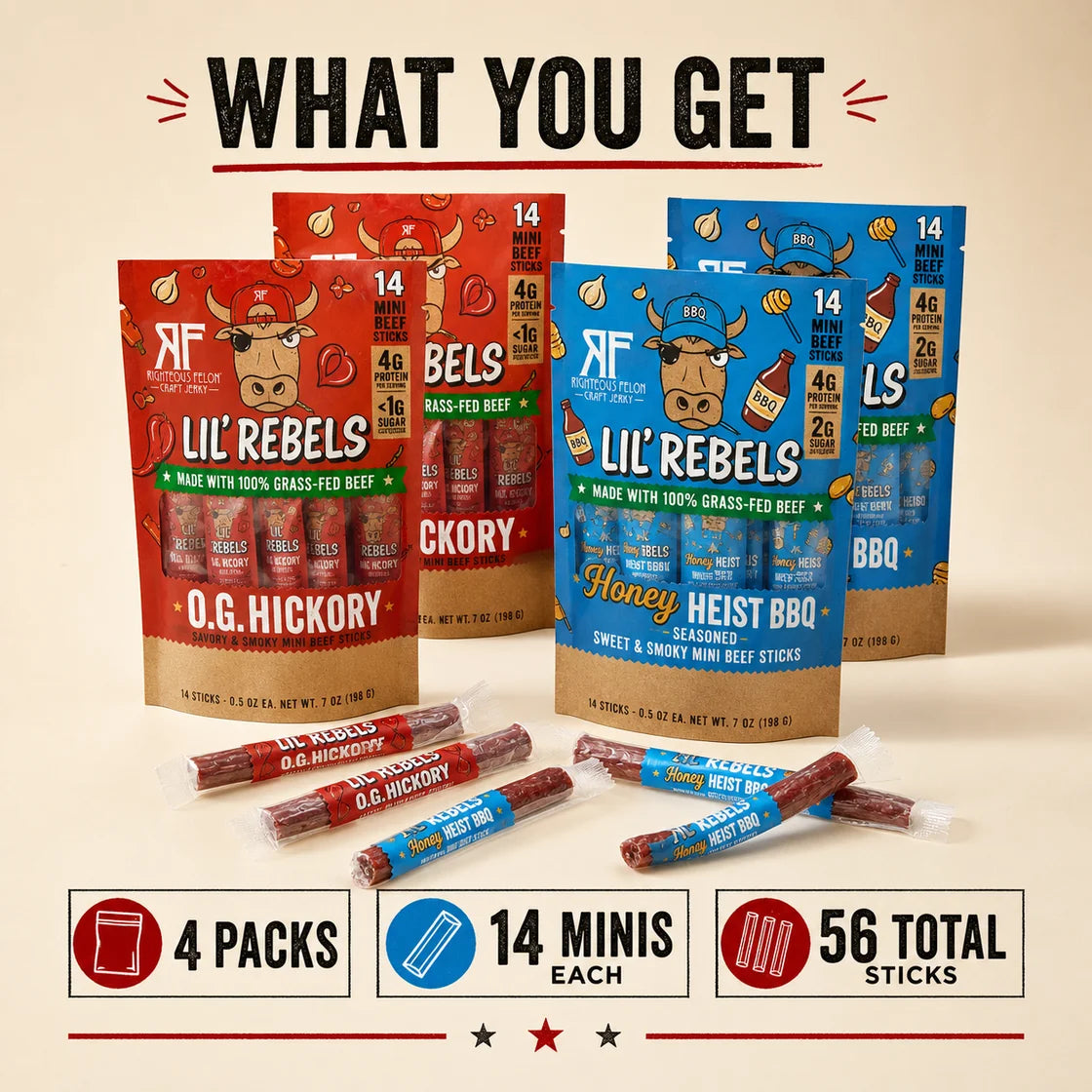 The 2-Rebel box includes 4 packs, 14 minis each, and 56 total sticks