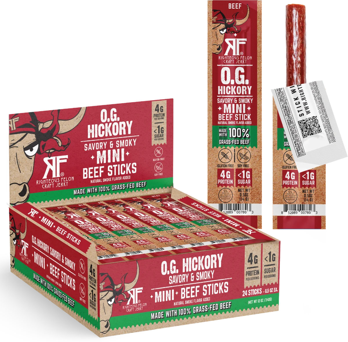 Righteous Felon O.G. Hickory Mini Beef Sticks — 24-count caddy with individually wrapped minis