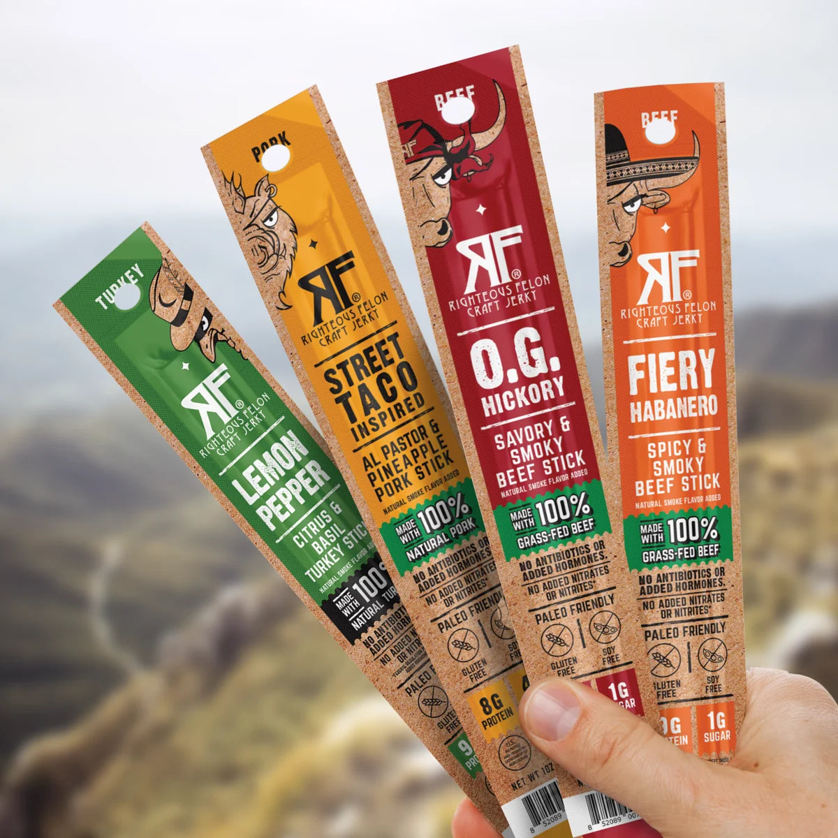 Righteous Felon Variety Meat Sticks 10-pack — O.G. Hickory, Lemon Pepper, Street Taco, and Fiery Habanero single sticks